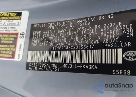 2008 Toyota Camry Solara Sle from USA, damaged, VIN 4T1FA38PX8U155617